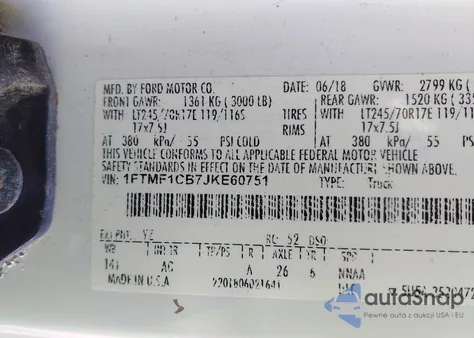 2018 Ford F150 из США, поврежденный, VIN 1FTMF1CB7JKE60751